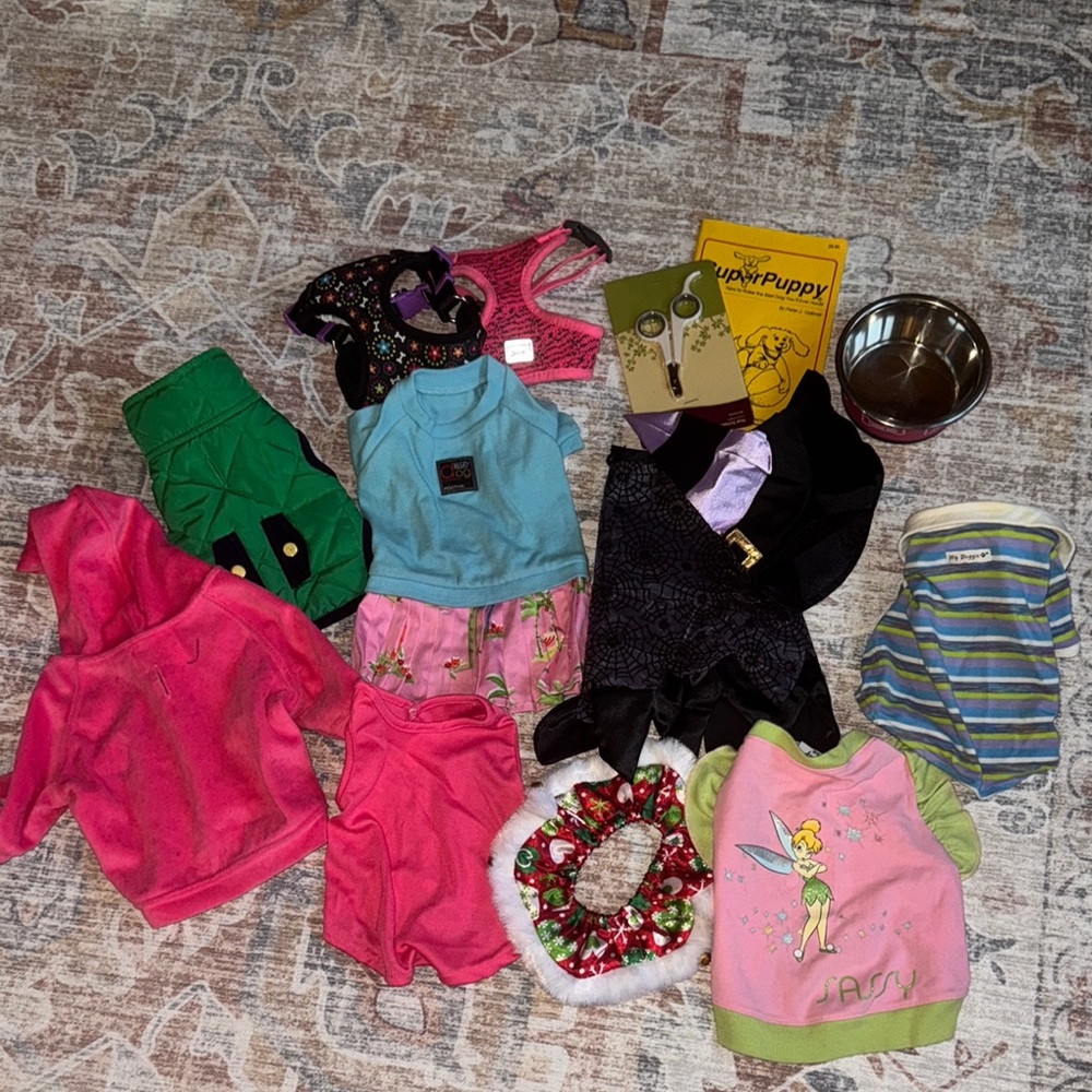 Lot of Dog Outfits- Halloween-Bowl-Harnesses Etc